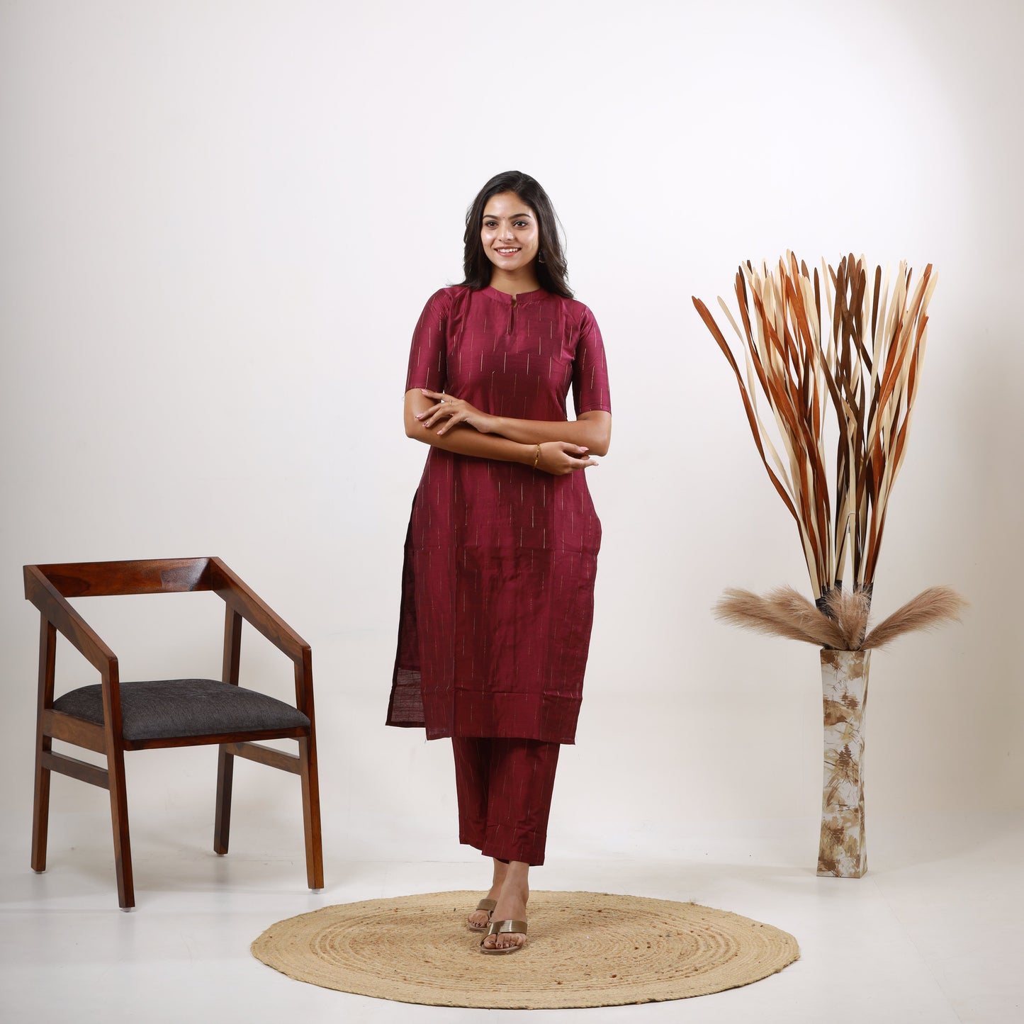 Raw Silk Wine color Zari Top and Bottom