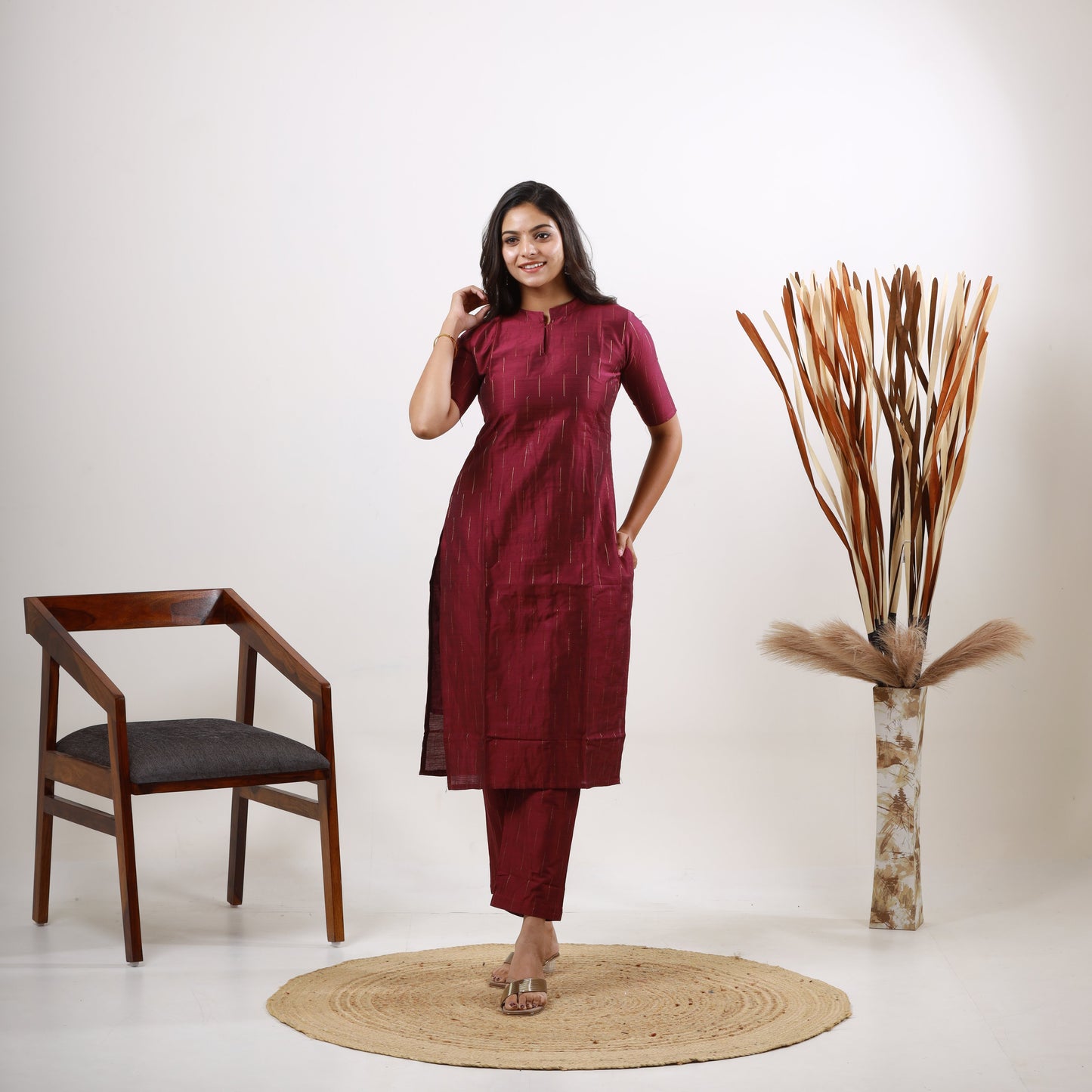 Raw Silk Wine color Zari Top and Bottom