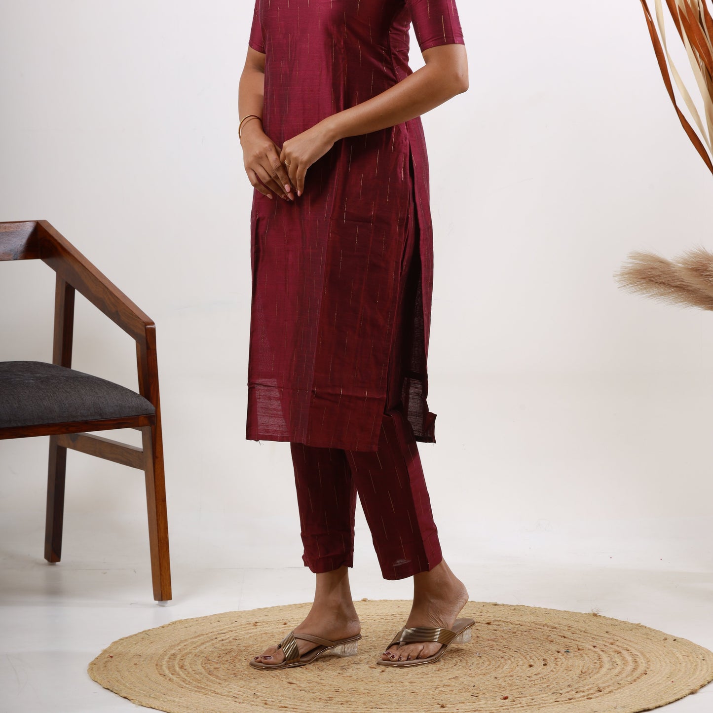 Raw Silk Wine color Zari Top and Bottom