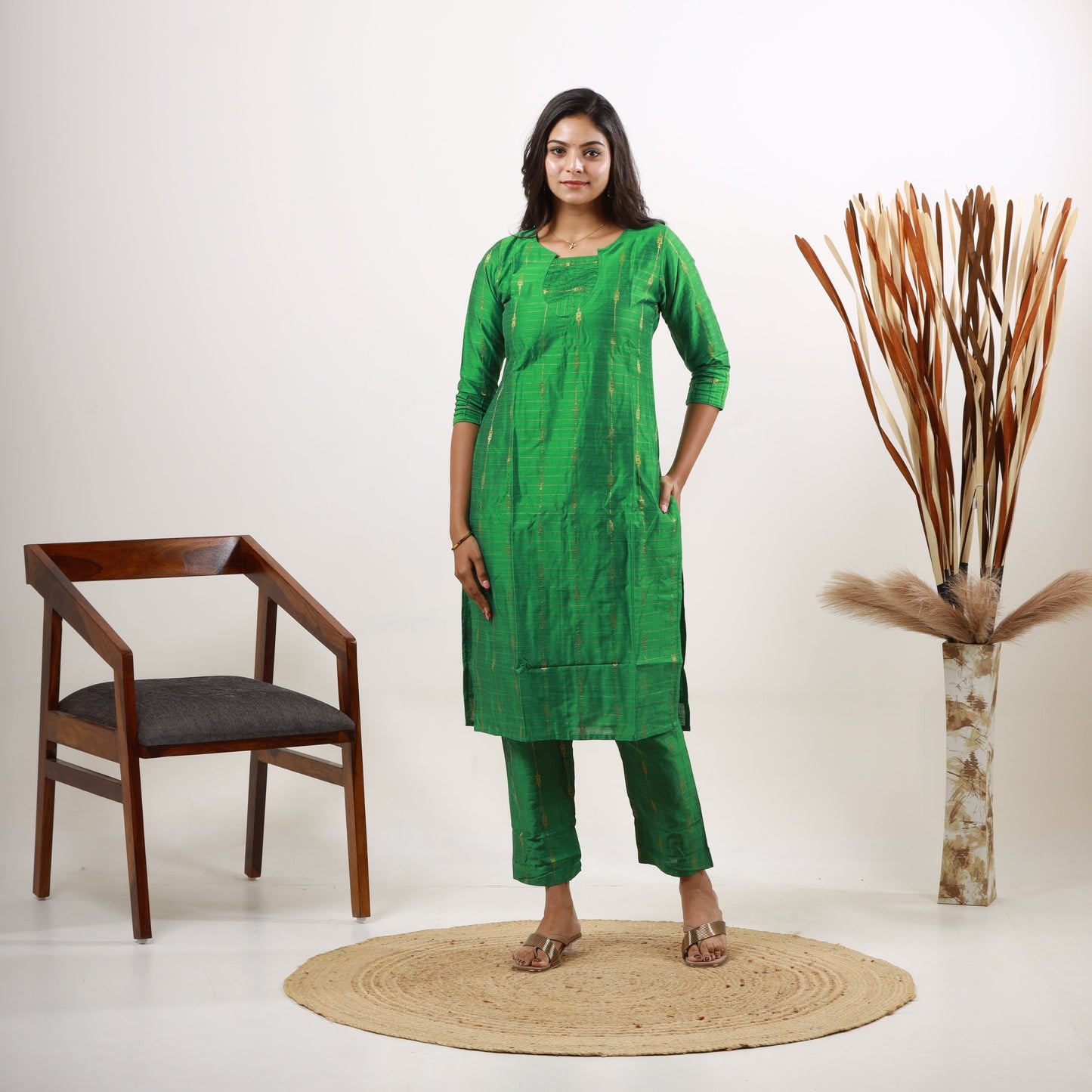 Raw Silk Zari Butta Green Top and Bottom