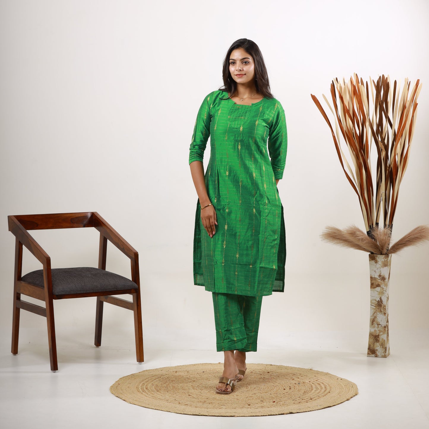 Raw Silk Zari Butta Green Top and Bottom