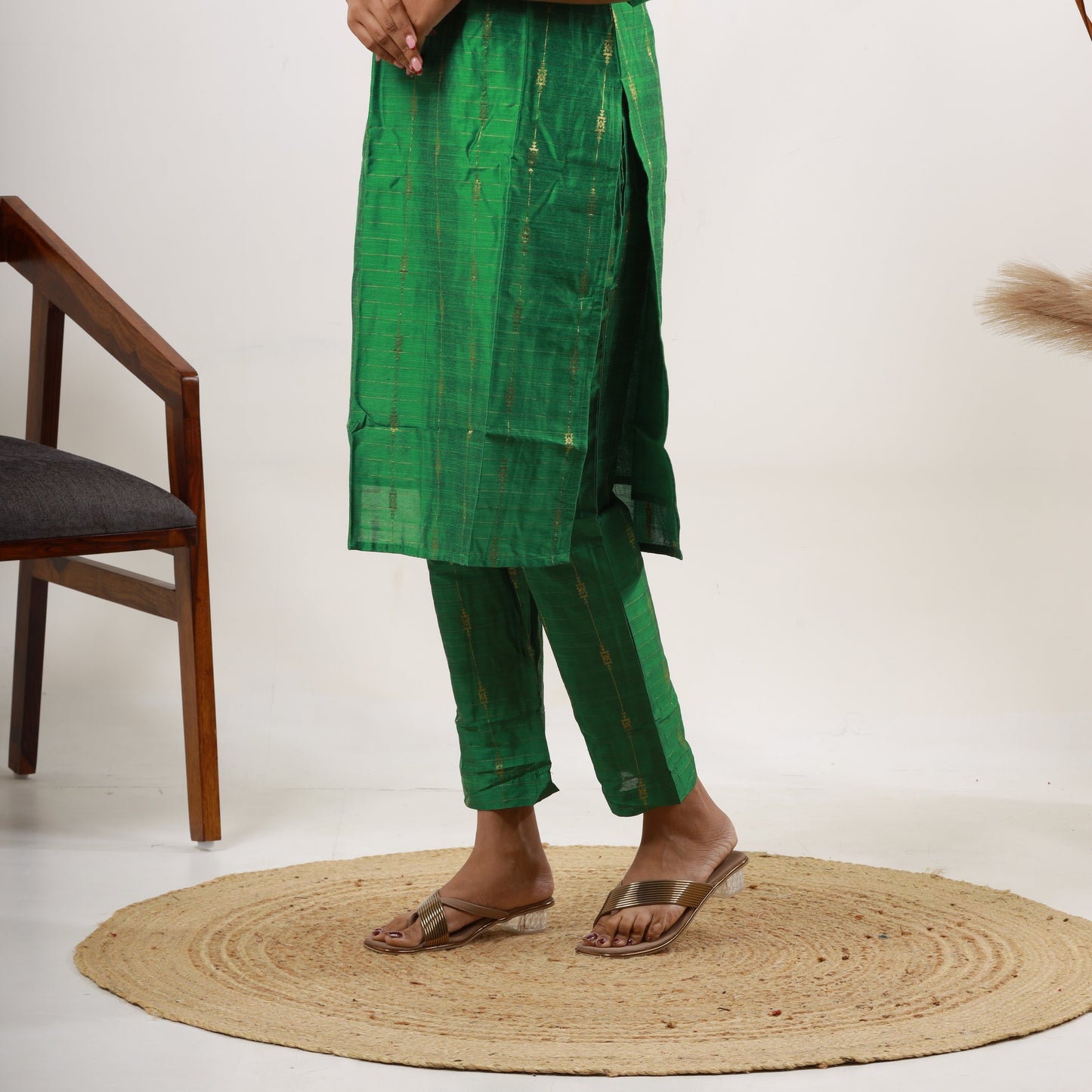 Raw Silk Zari Butta Green Top and Bottom