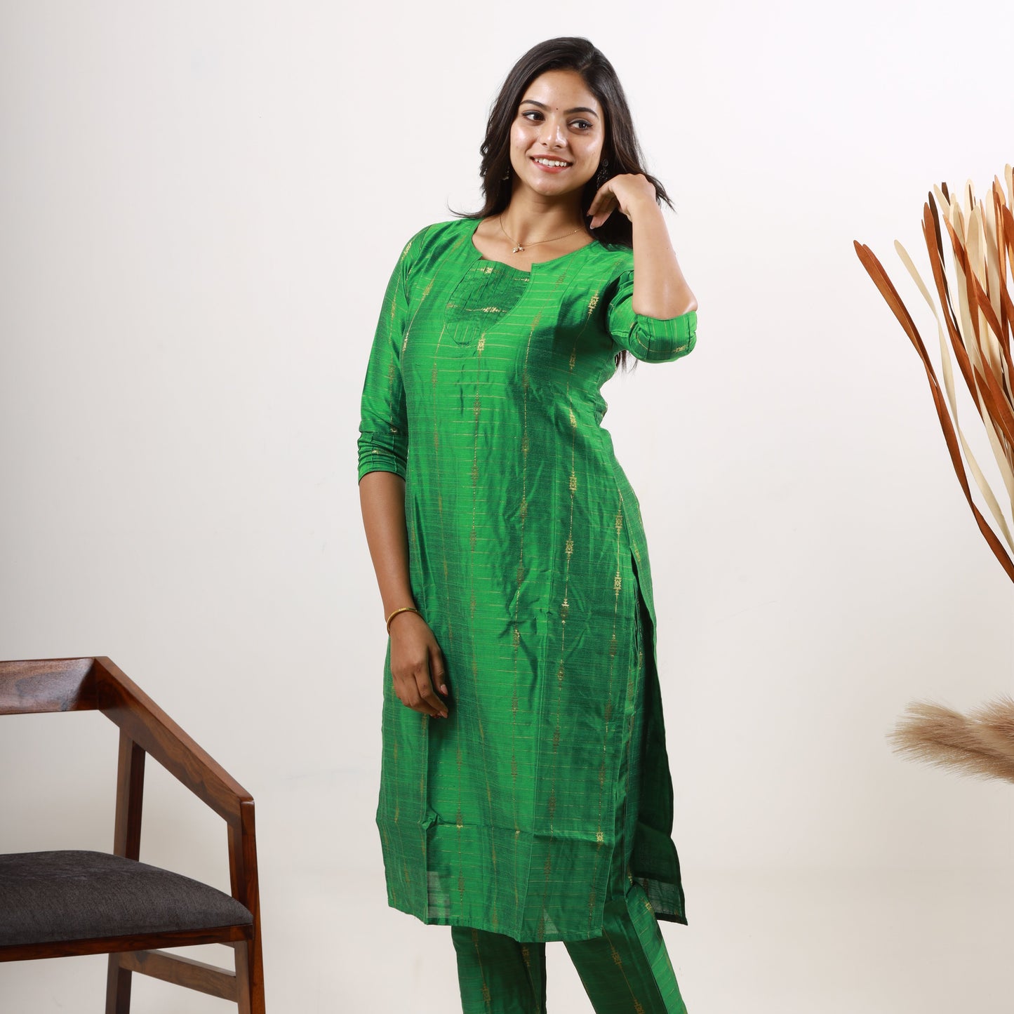 Raw Silk Zari Butta Green Top and Bottom