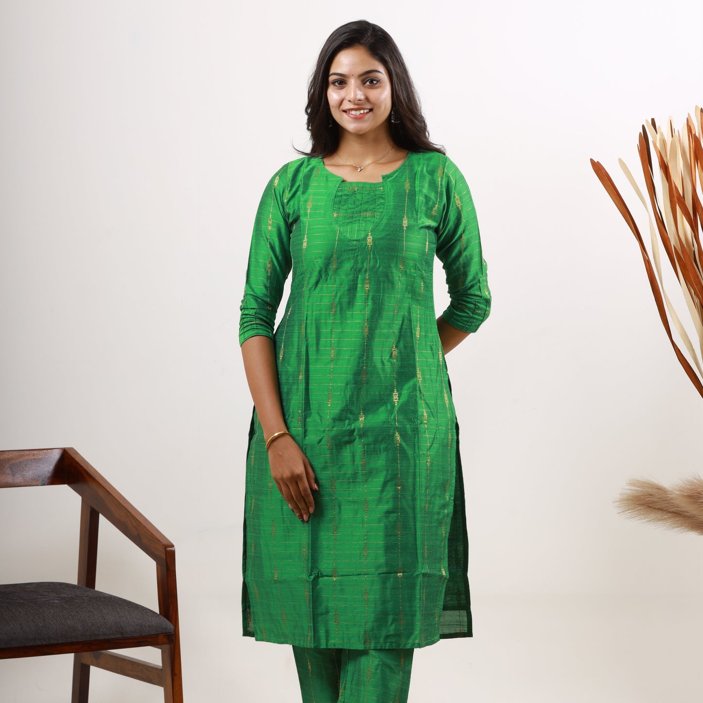 Raw Silk Zari Butta Green Top and Bottom