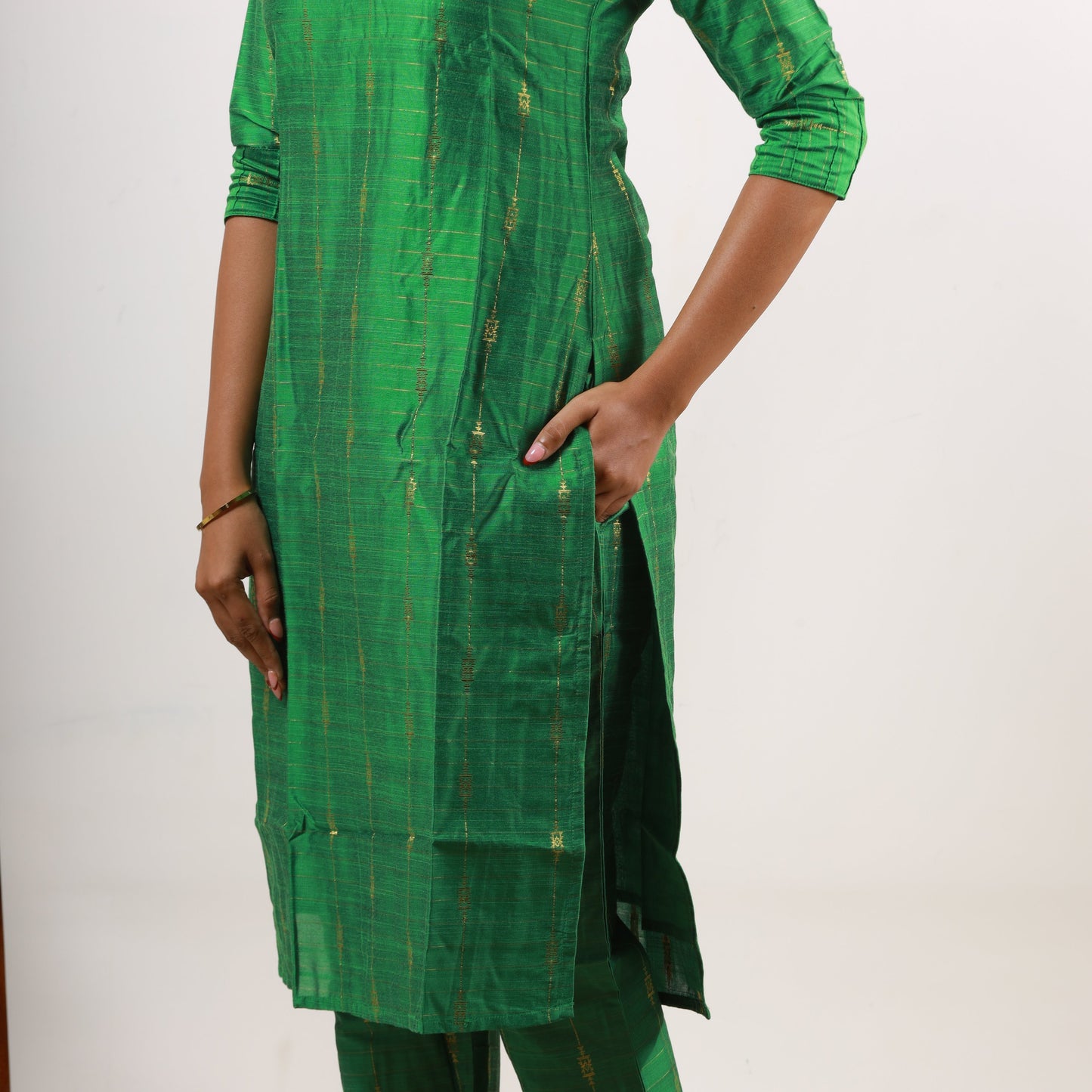 Raw Silk Zari Butta Green Top and Bottom