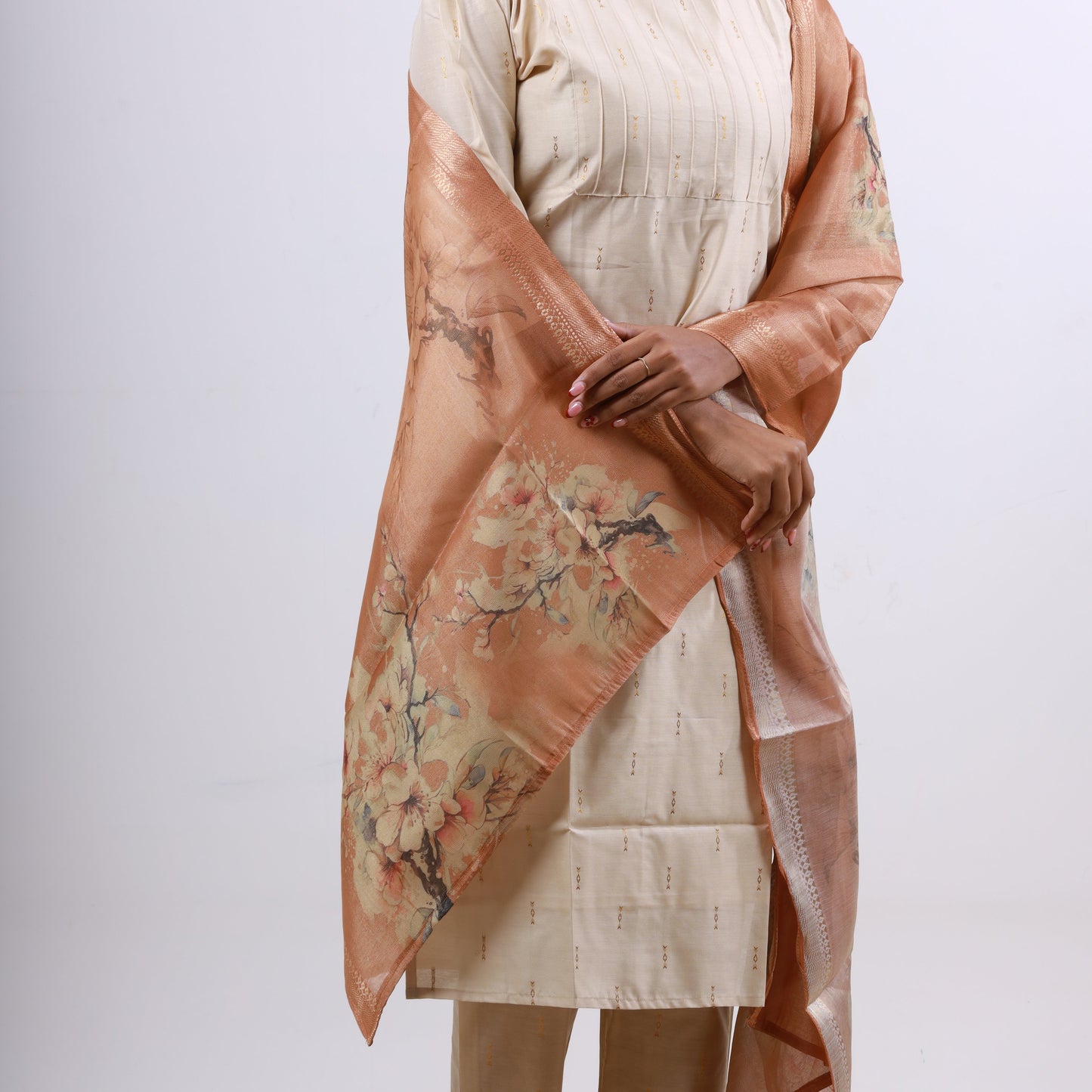 Tussar Silk Fish Butta Set(Tissue Dupatta)