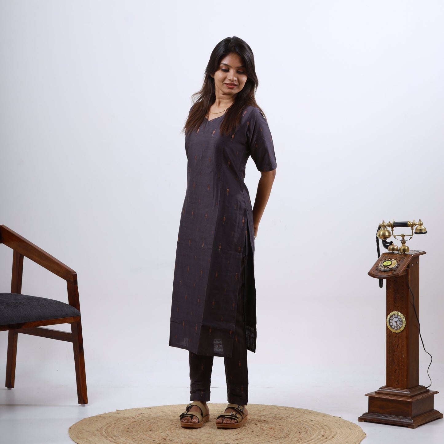 Raw Silk Slub Arrow Butta Copper Dupatta Set