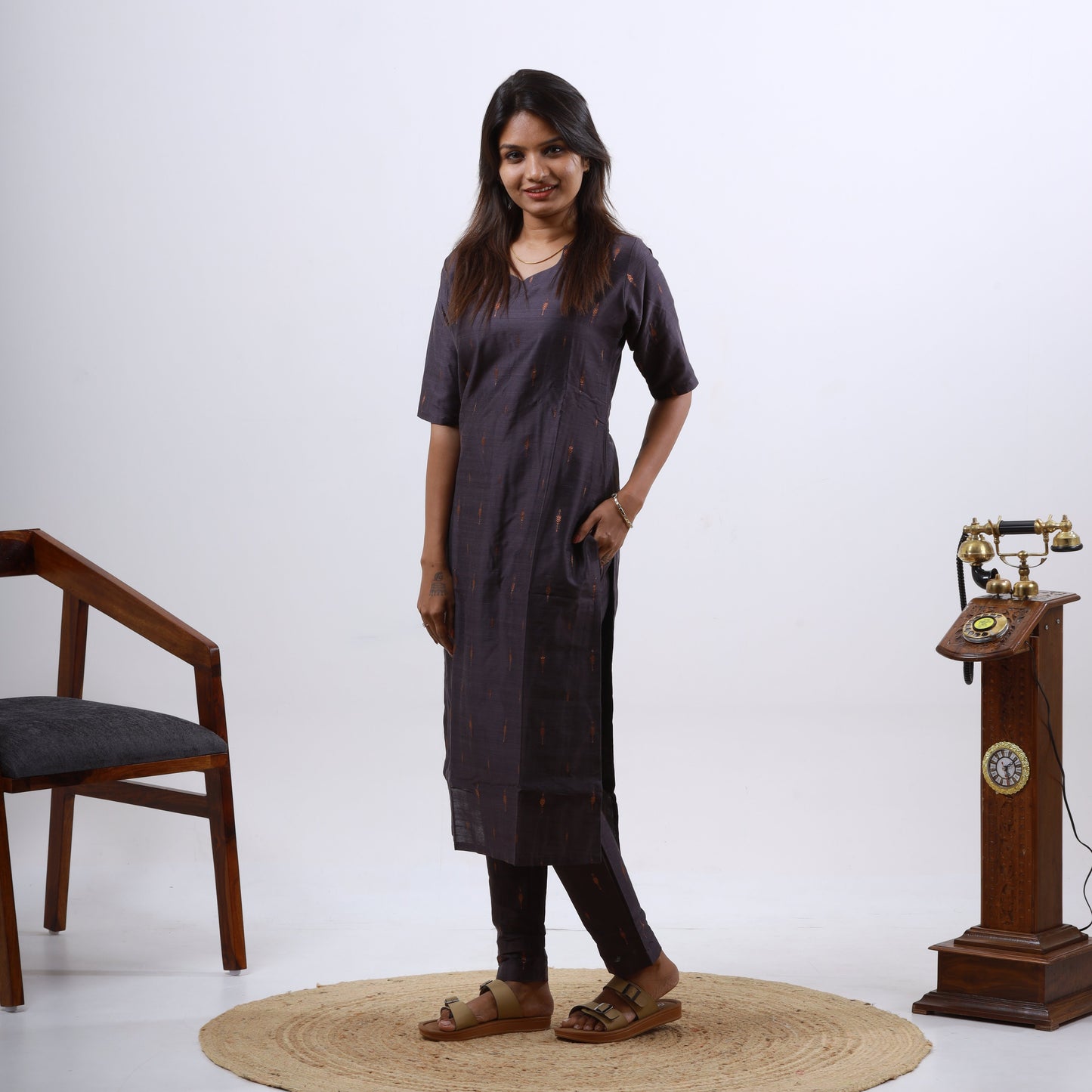 Raw Silk Slub Arrow Butta Copper Dupatta Set