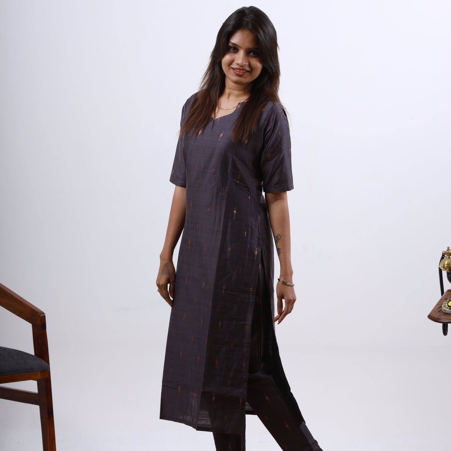 Raw Silk Slub Arrow Butta Copper Dupatta Set