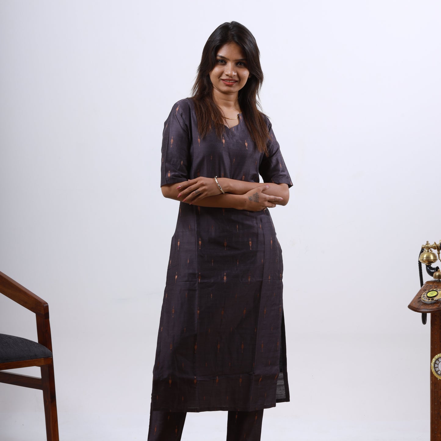 Raw Silk Slub Arrow Butta Copper Dupatta Set