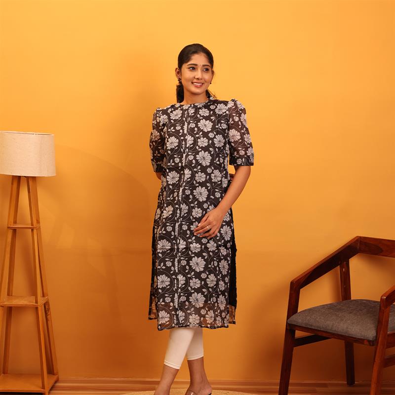 Kota Cotton Black Floral Kurta