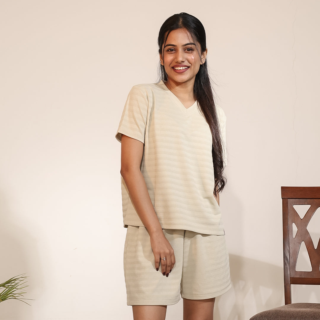 Cotton V-Neck Nightwear Set - Top & Shorts (Beige)