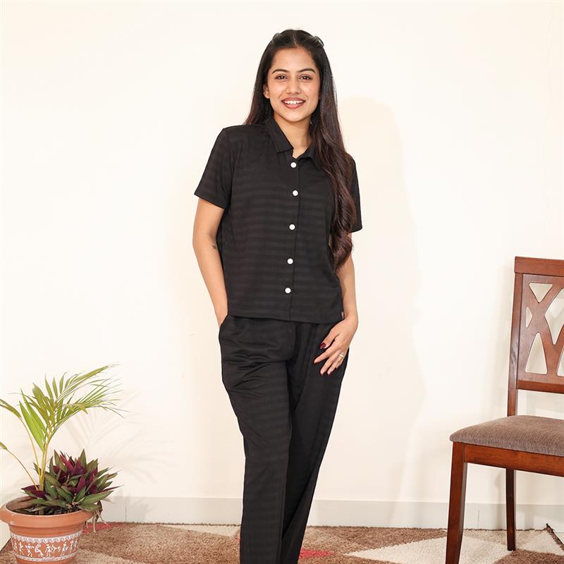 Button-Down Collar Nightwear Set - Top & Pants (Black)