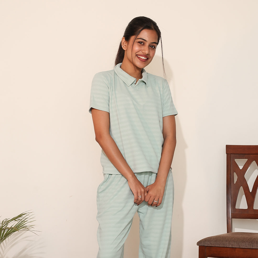 Cotton Collar Neck Nightwear Set - Top & Pants (Green)