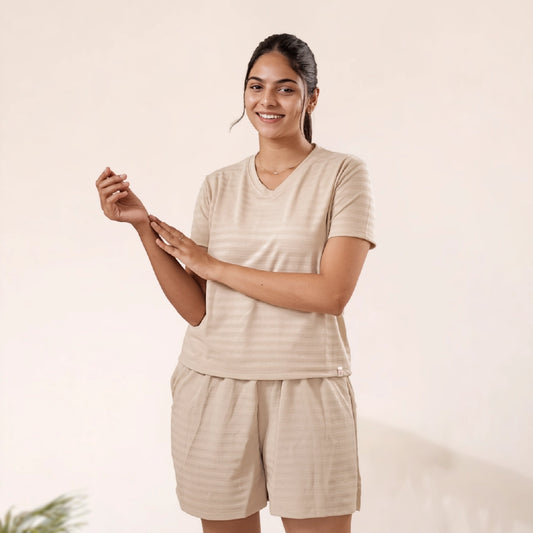 Cotton V-Neck Nightwear Set - Top & Shorts (Beige)
