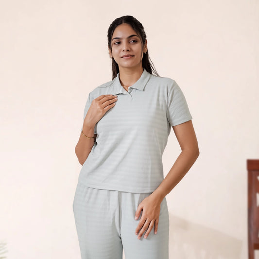 Cotton Collar Neck Nightwear Set - Top & Pants (Green)