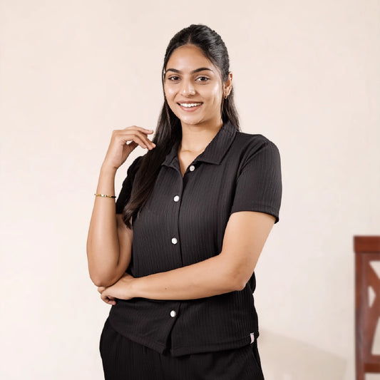 Button-Down Collar Nightwear Set Top + Pant Nightwears (Black)