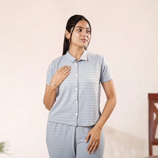 Button-Down Collar Nightwear Set Top & Pants (Light Blue)