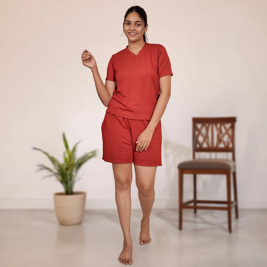 Cotton V Neck Top + Short Nightwears (Red)