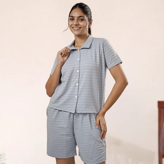 Button-Down Collar Nightwear Set Top & Shorts (Light Blue)