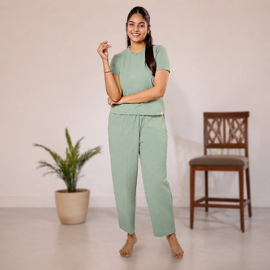 Cotton Round Neck Top + Pant Nightwears (Light Green)
