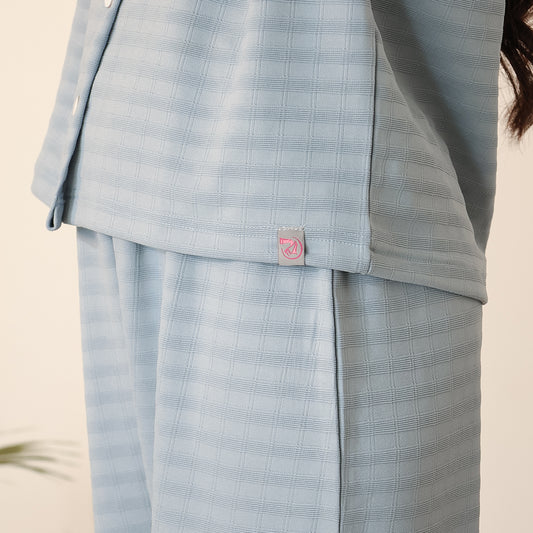 Button-Down Collar Nightwear Set - Top & Pants (Light Blue)