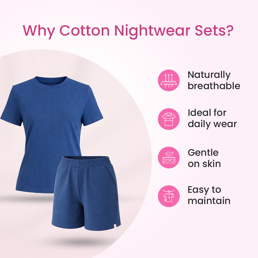 Cotton Round Neck Top + Short Nightwears (Pink)