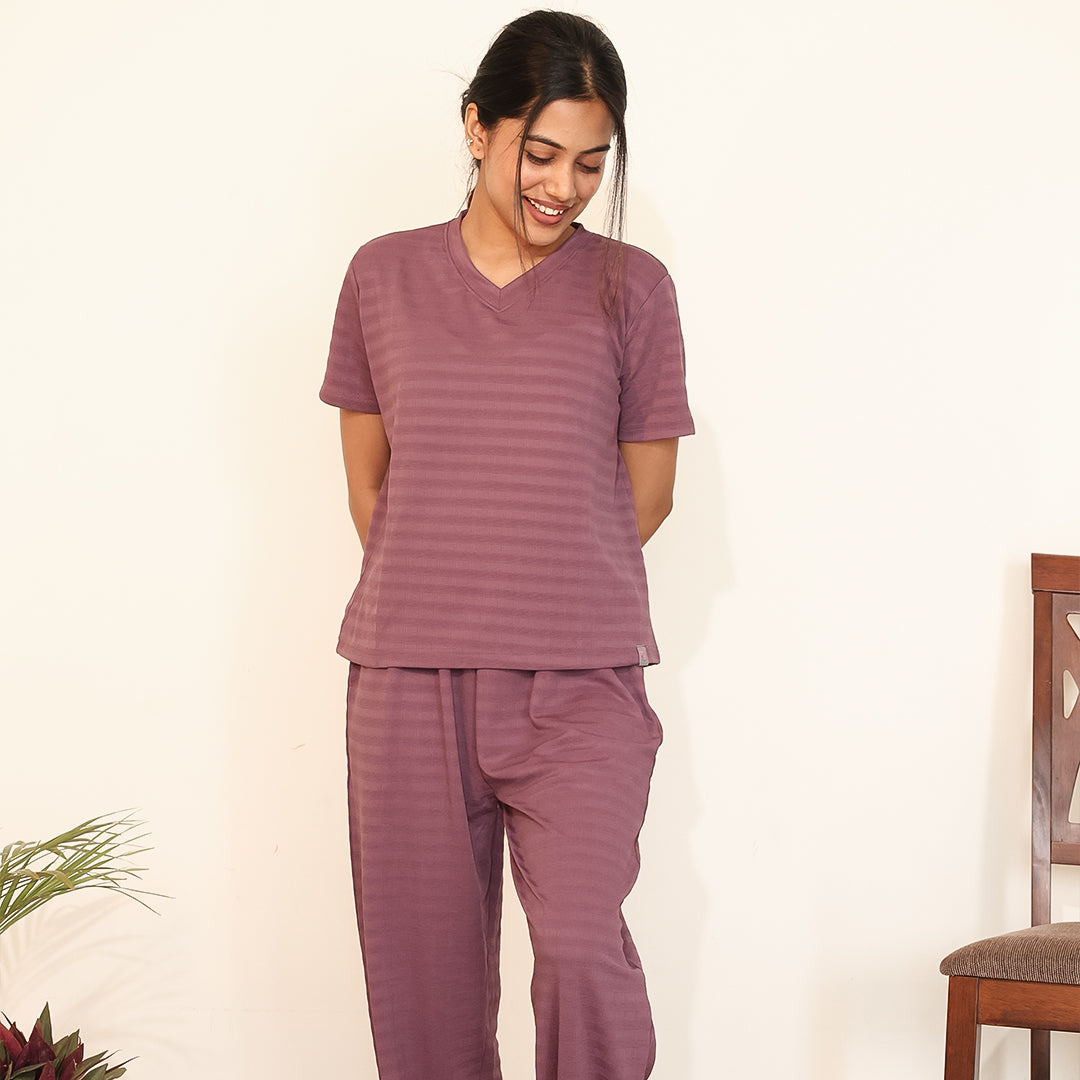 Cotton V-Neck Nightwear Set - Top & Pants (Wine)