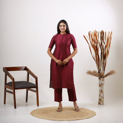 Raw Silk Wine color Zari Top and Bottom