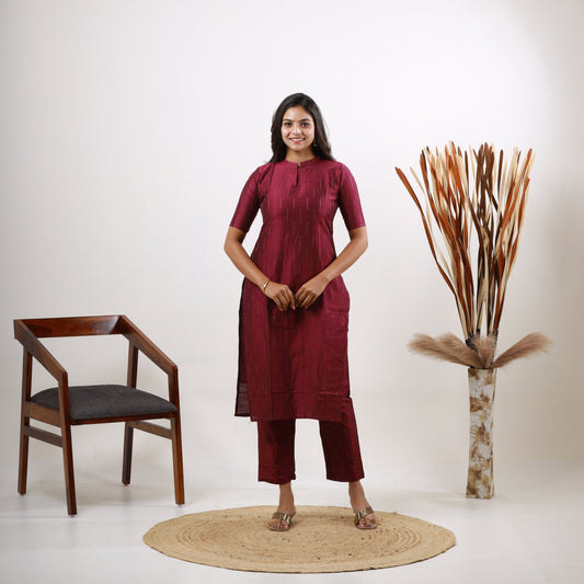 Raw Silk Wine color Zari Top and Bottom