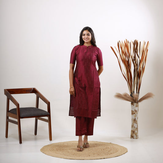 Raw Silk Wine color Zari Top and Bottom