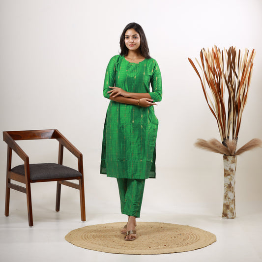 Raw Silk Zari Butta Green Top and Bottom