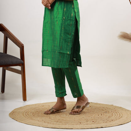 Raw Silk Zari Butta Green Top and Bottom