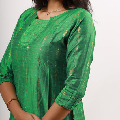 Raw Silk Zari Butta Green Top and Bottom