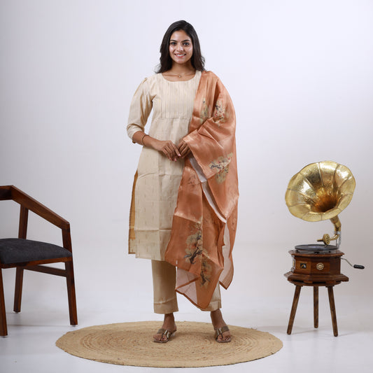 Tussar Silk Fish Butta Set(Tissue Dupatta)