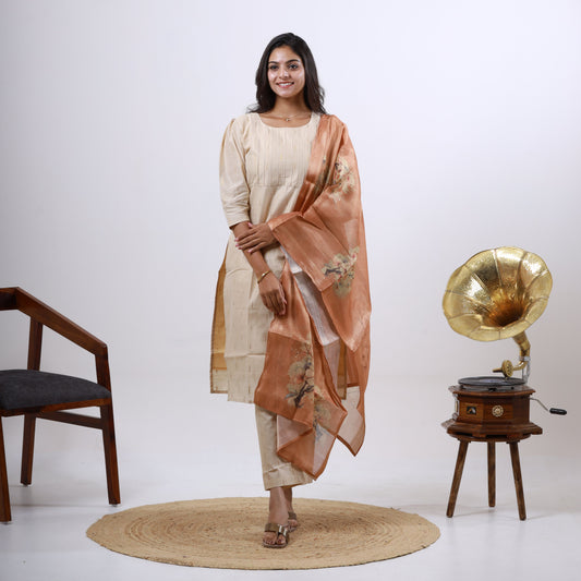 Tussar Silk Fish Butta Set(Tissue Dupatta)