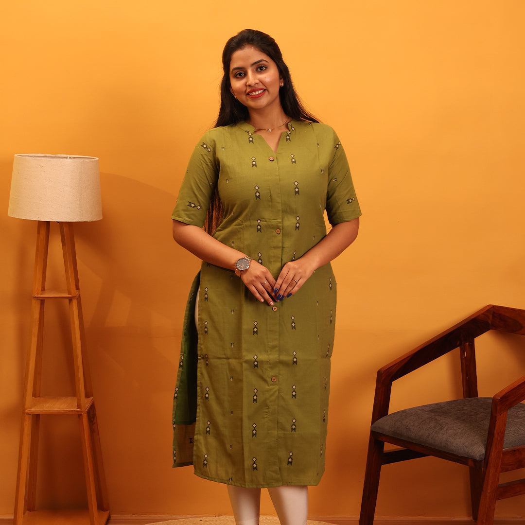 Chanderi Cotton Olive Green Kurta