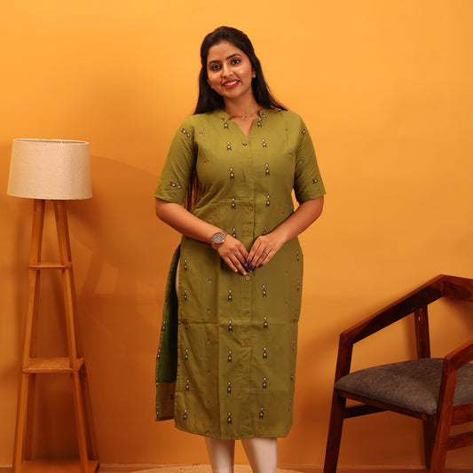 Chanderi Cotton Olive Green Kurta