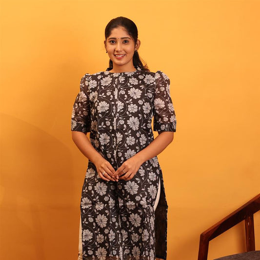 Kota Cotton Black Floral Kurta