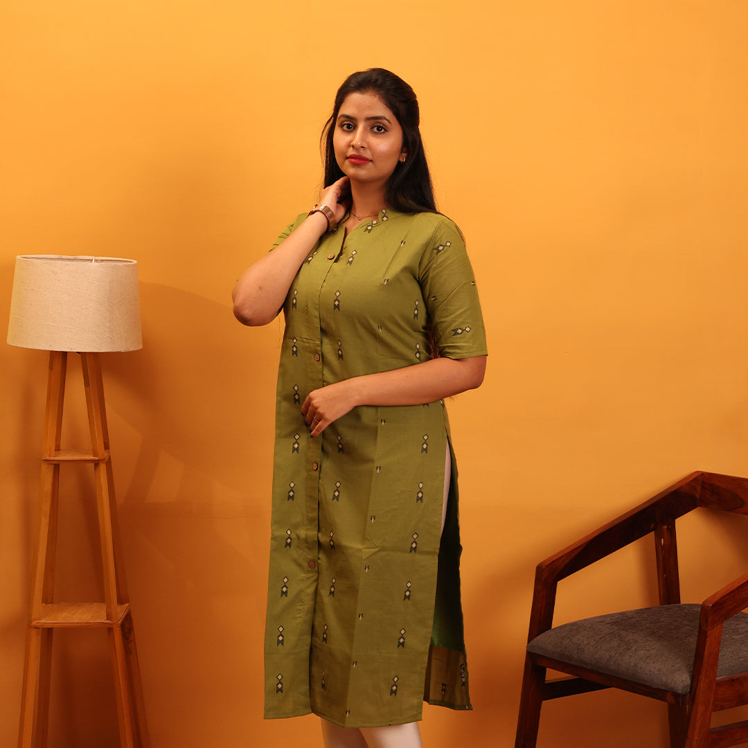 Chanderi Cotton Olive Green Kurta