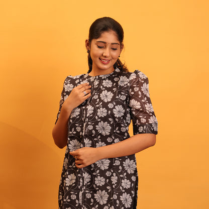 Kota Cotton Black Floral Kurta