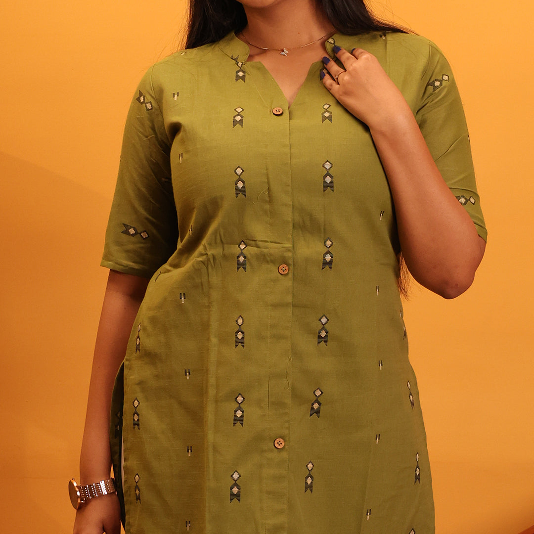 Chanderi Cotton Olive Green Kurta