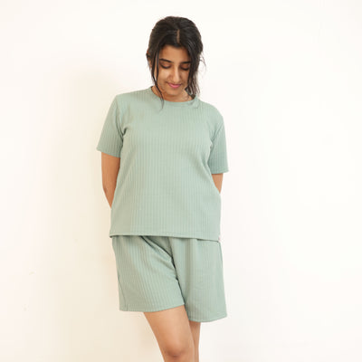 Cotton Round Neck Top + Short Nightwears (Light Green)