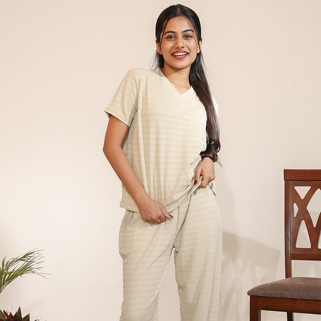 Cotton V-Neck Nightwear Set - Top & Pants (Beige)