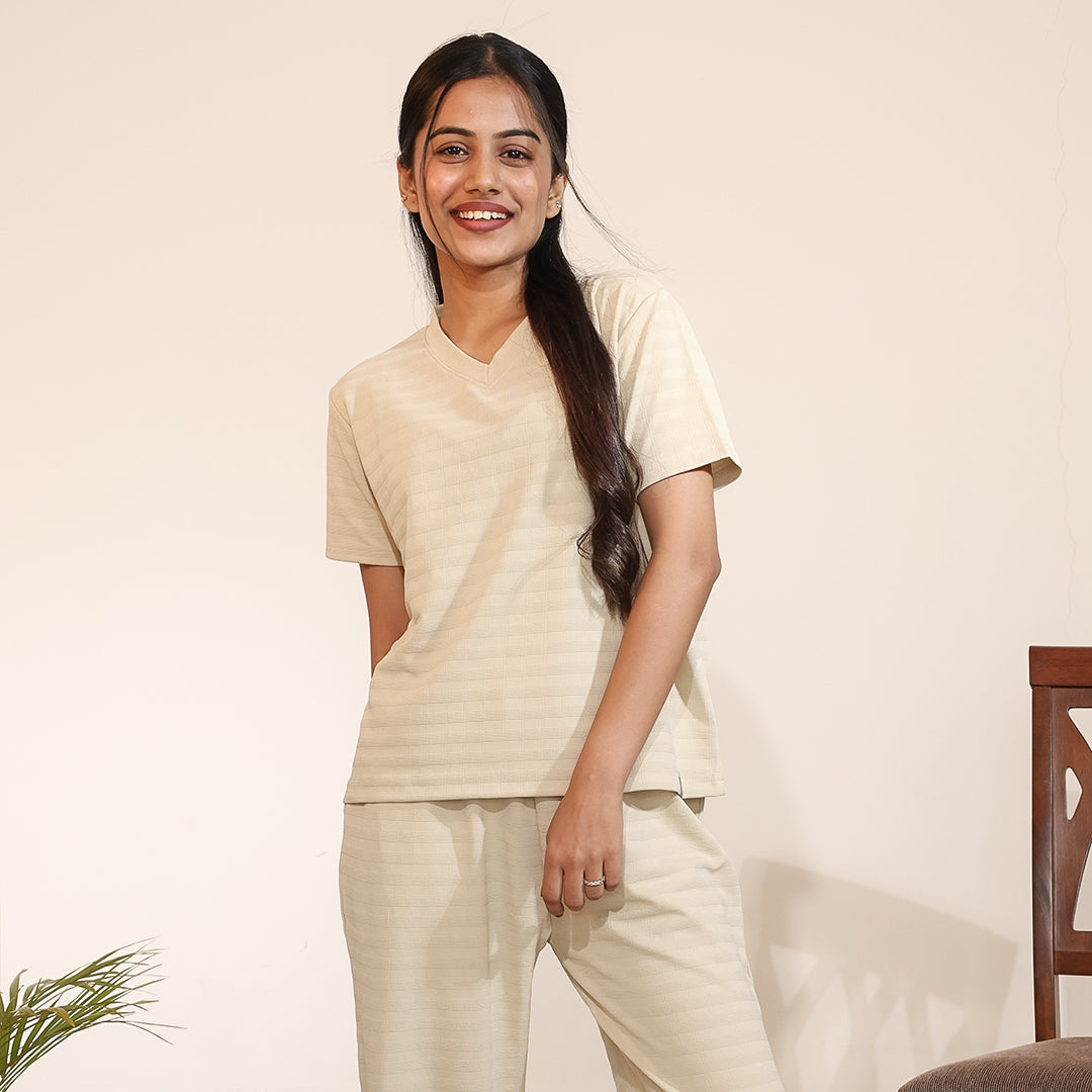 Cotton V-Neck Nightwear Set - Top & Pants (Beige)