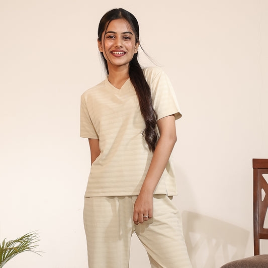 Cotton V-Neck Nightwear Set - Top & Pants (Beige)