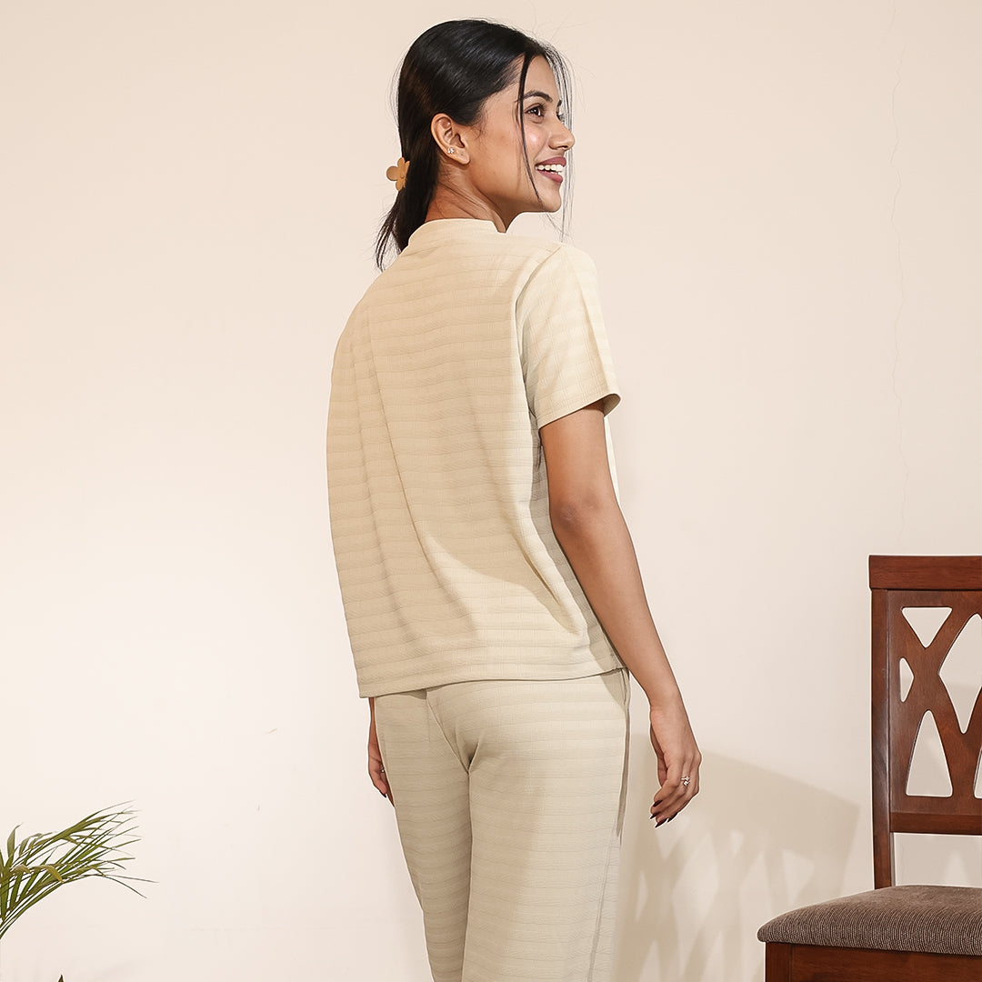Cotton V-Neck Nightwear Set - Top & Pants (Beige)