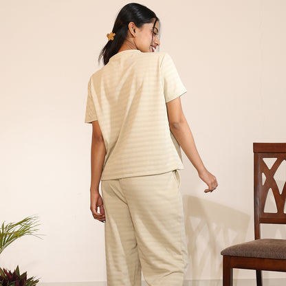 Cotton V-Neck Nightwear Set - Top & Pants (Beige)