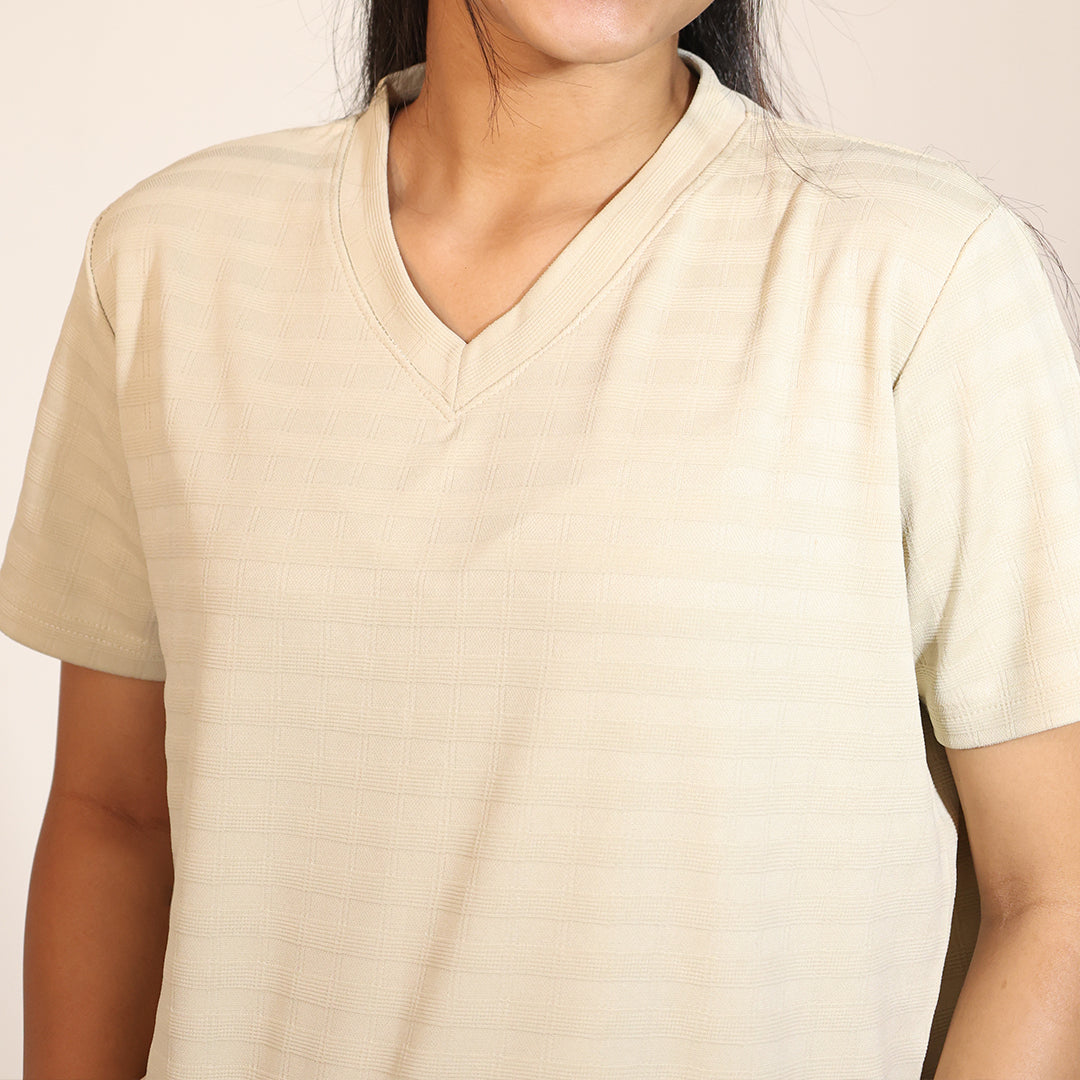 Cotton V-Neck Nightwear Set - Top & Pants (Beige)