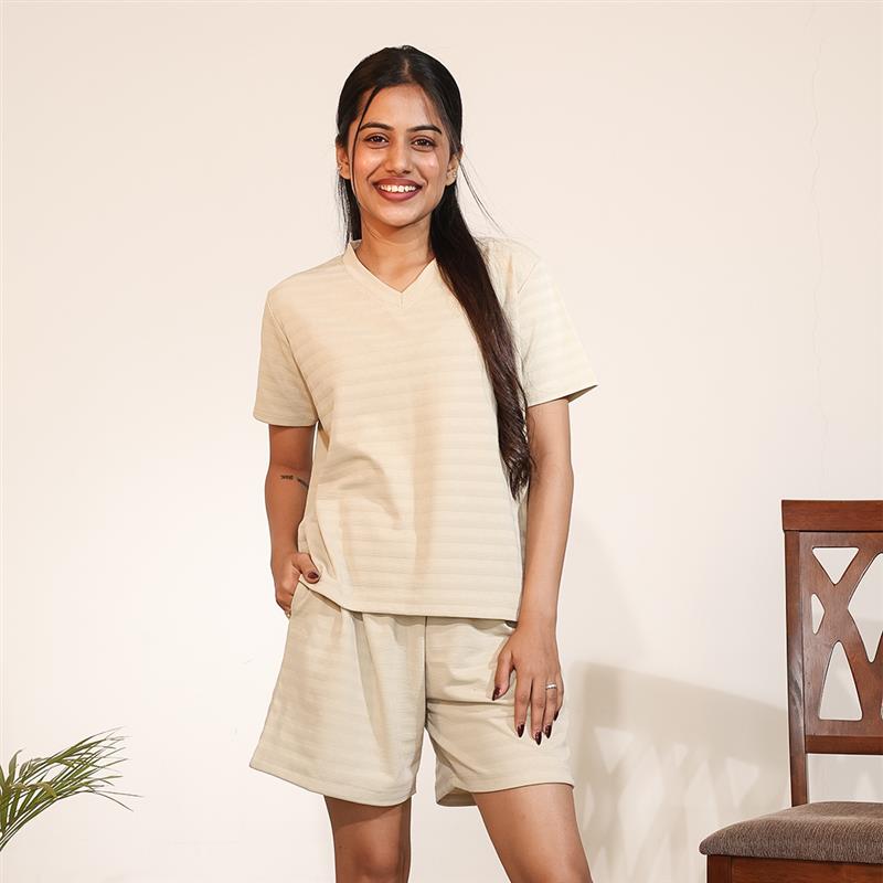 Cotton V-Neck Nightwear Set - Top & Shorts (Beige)